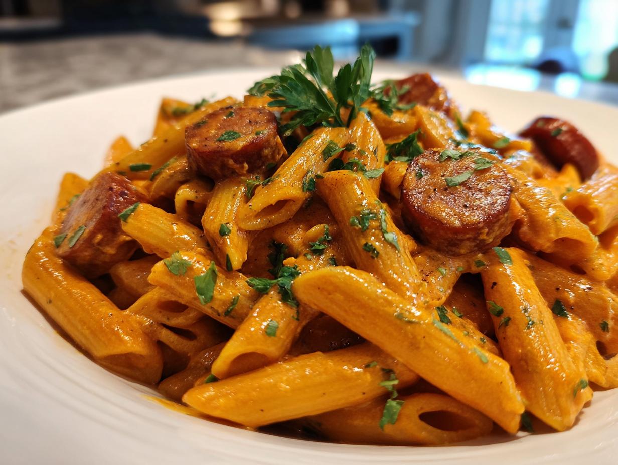 Close-up of creamy, orange-sauced cajun sausage pasta featuring penne noodles and sliced, browned sausage.