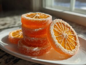 A stack of bright orange, sugar-coated candied orange slices glistening in the sunlight.