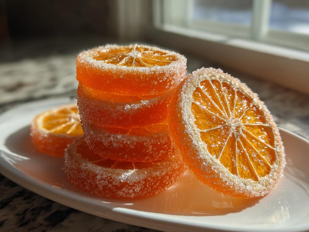 A stack of bright orange, sugar-coated candied orange slices glistening in the sunlight.