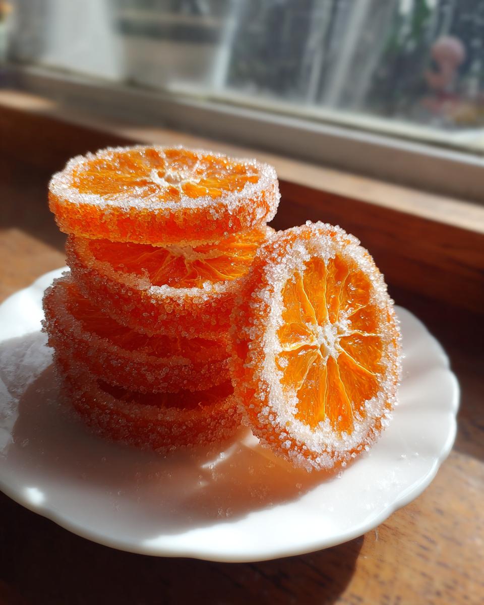 A stack of bright orange candied orange slices heavily coated in sparkling sugar crystals, resting on a white plate.