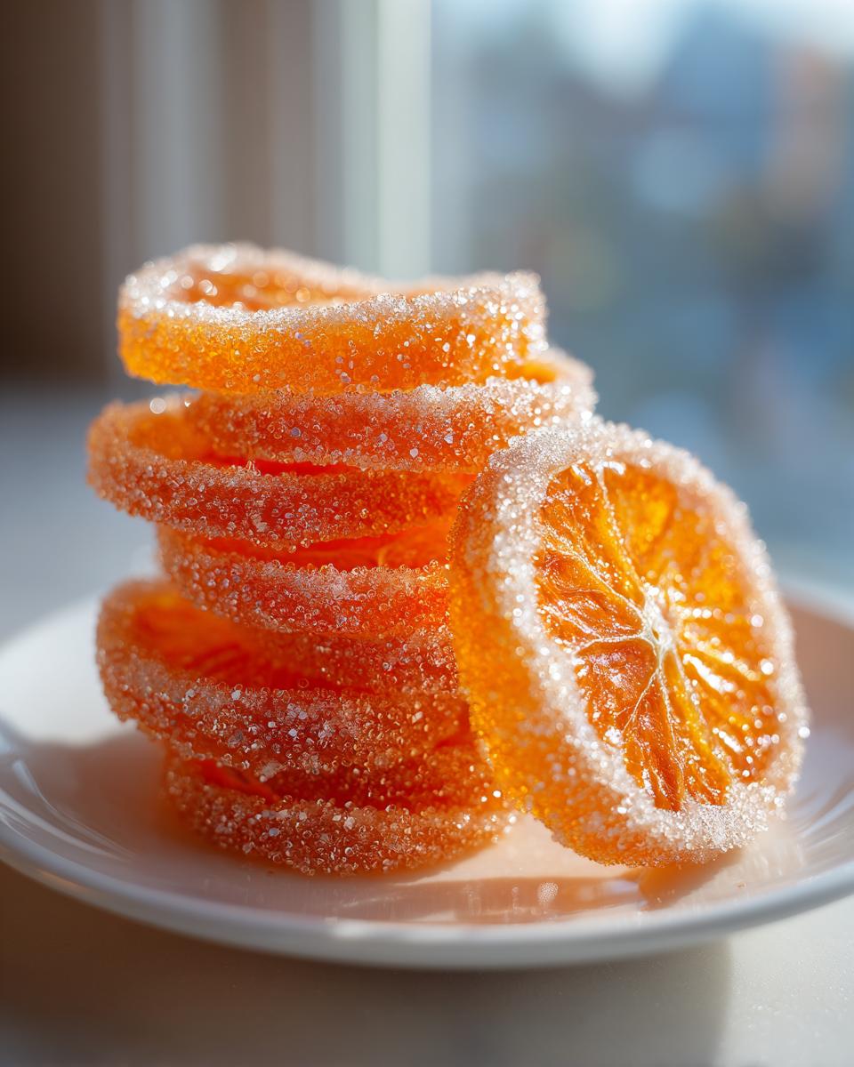 A stack of bright orange, sugar-coated candied orange slices resting on a small white plate.