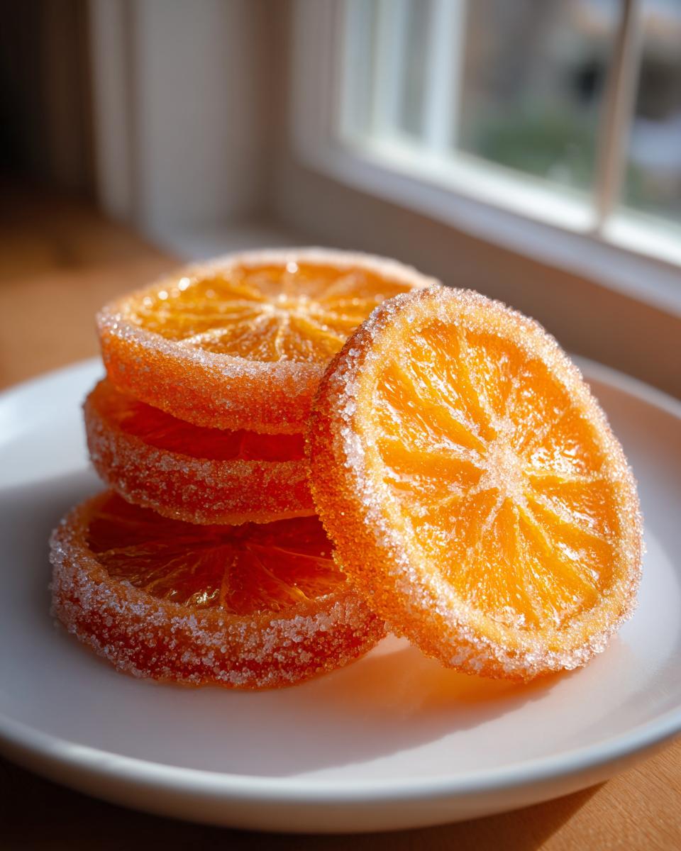 Close-up of four glistening candied orange slices stacked on a white plate, coated in granulated sugar.