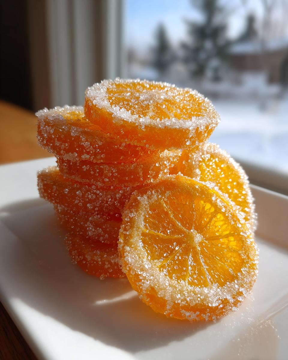 Close-up of a stack of bright orange candied orange slices heavily coated in sparkling white sugar.