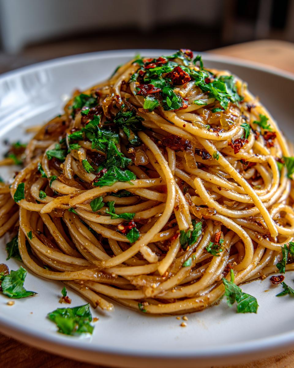 A close-up of a serving of caramelized onion pasta tossed in sauce and topped with fresh parsley and chili flakes.