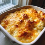 Close-up of cheesy baked mashed potatoes with a golden-brown crust in a white casserole dish.