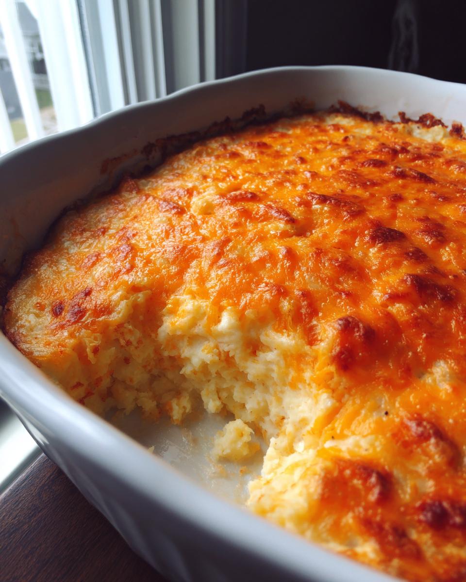 A close-up of cheesy baked mashed potatoes with a golden-brown crust, showing a scoop taken out.