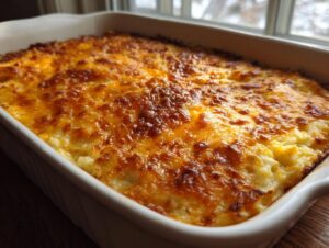 Close-up of golden brown, melted cheese topping on baked mashed potatoes in a white casserole dish.