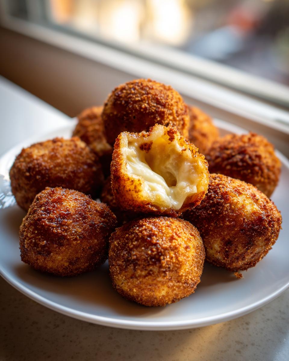 Close-up of golden brown, crispy rice balls, one broken open revealing a gooey, melted cheese center.