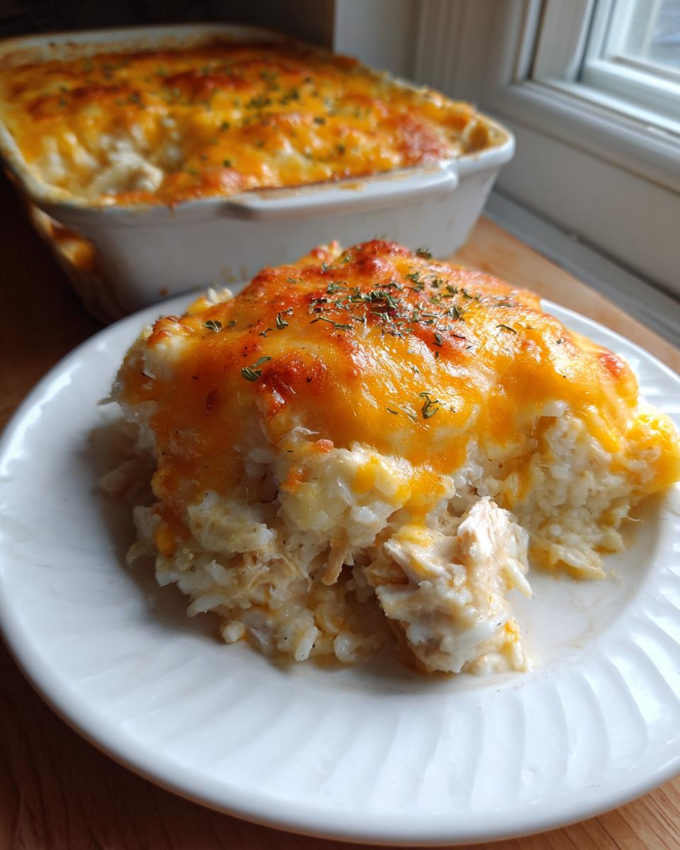 A close-up serving of cheesy chicken and rice casserole topped with melted cheddar and herbs.