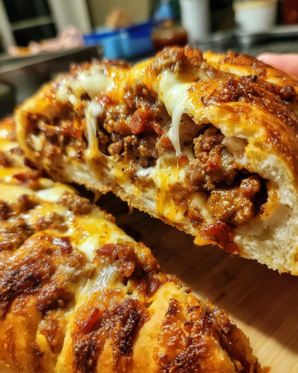 Close-up of sliced garbage bread revealing a rich, cheesy, ground meat filling oozing out.