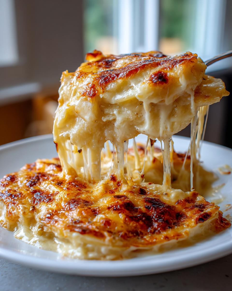 A serving of creamy, cheesy scalloped potatoes recipe being lifted, showing long, stretchy cheese pulls.