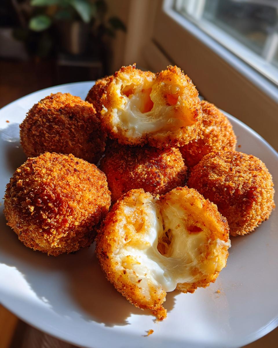 Close-up of crispy, golden brown rice balls, with one broken open revealing a melted, gooey cheese center.