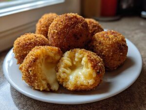 Close-up of crispy, golden-brown rice balls, one cut open revealing a molten, cheesy center.