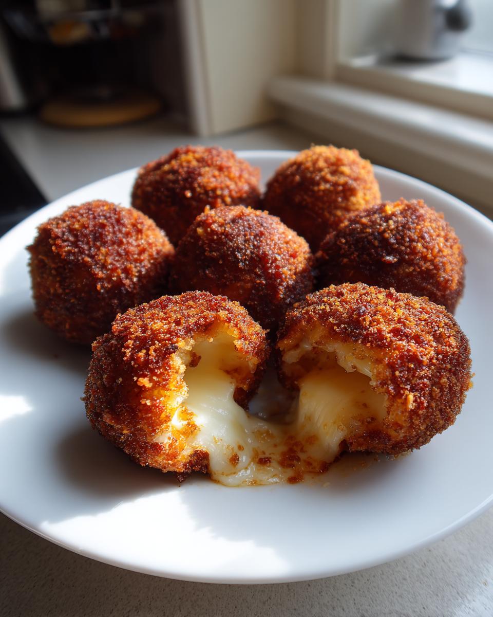 Close-up of golden brown, crispy rice balls, one broken open revealing a gooey, melted cheese center.