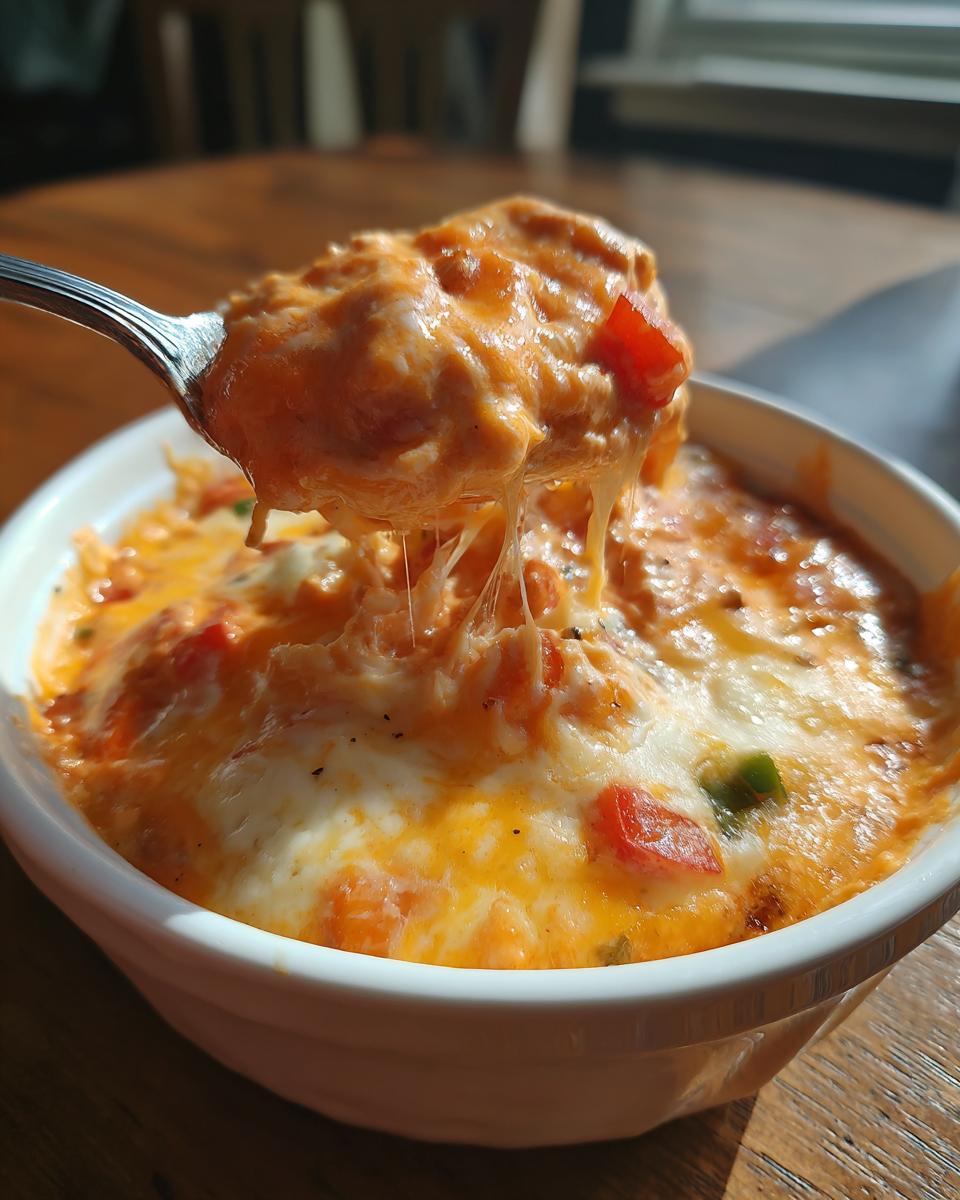A spoonful of hot, cheesy sausage rotel dip showing long cheese pulls above a white bowl.