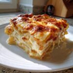 A golden-brown, cheesy slice of homemade scalloped potatoes recipe served on a white plate.