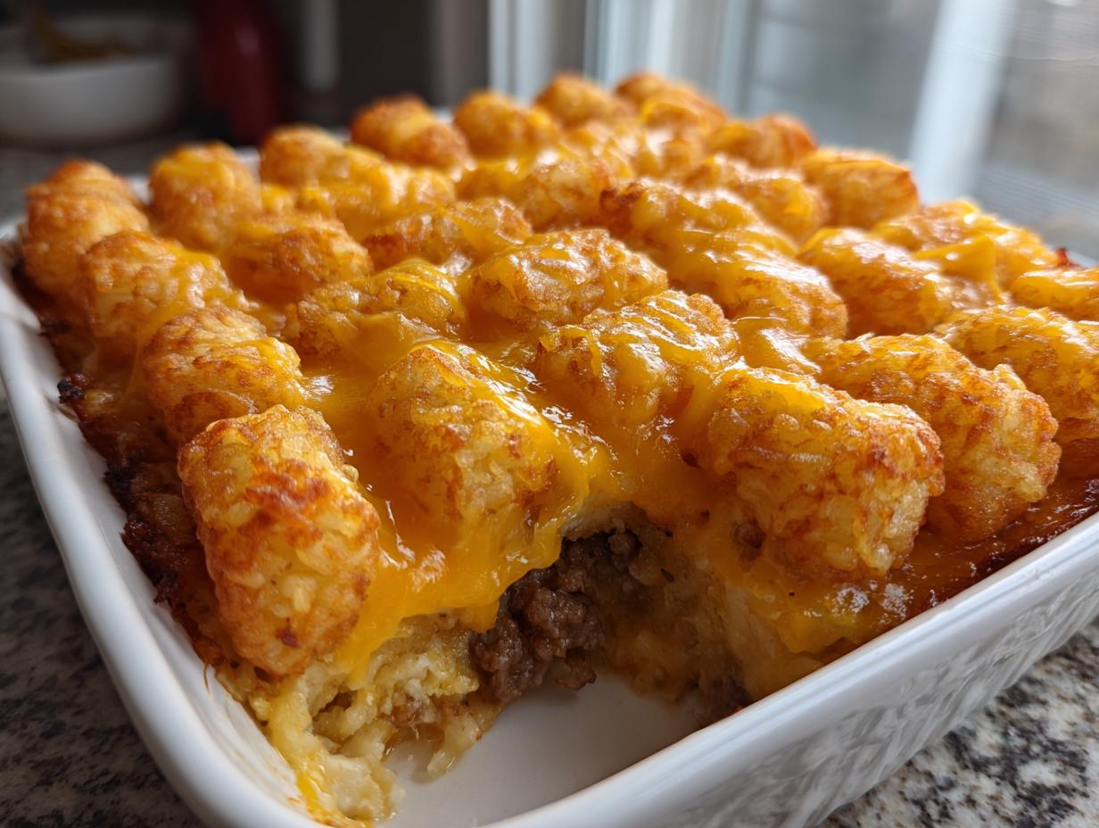 A close-up view of a baked tater tot casserole topped with melted cheddar cheese, showing a scoop removed to reveal the meat layer.