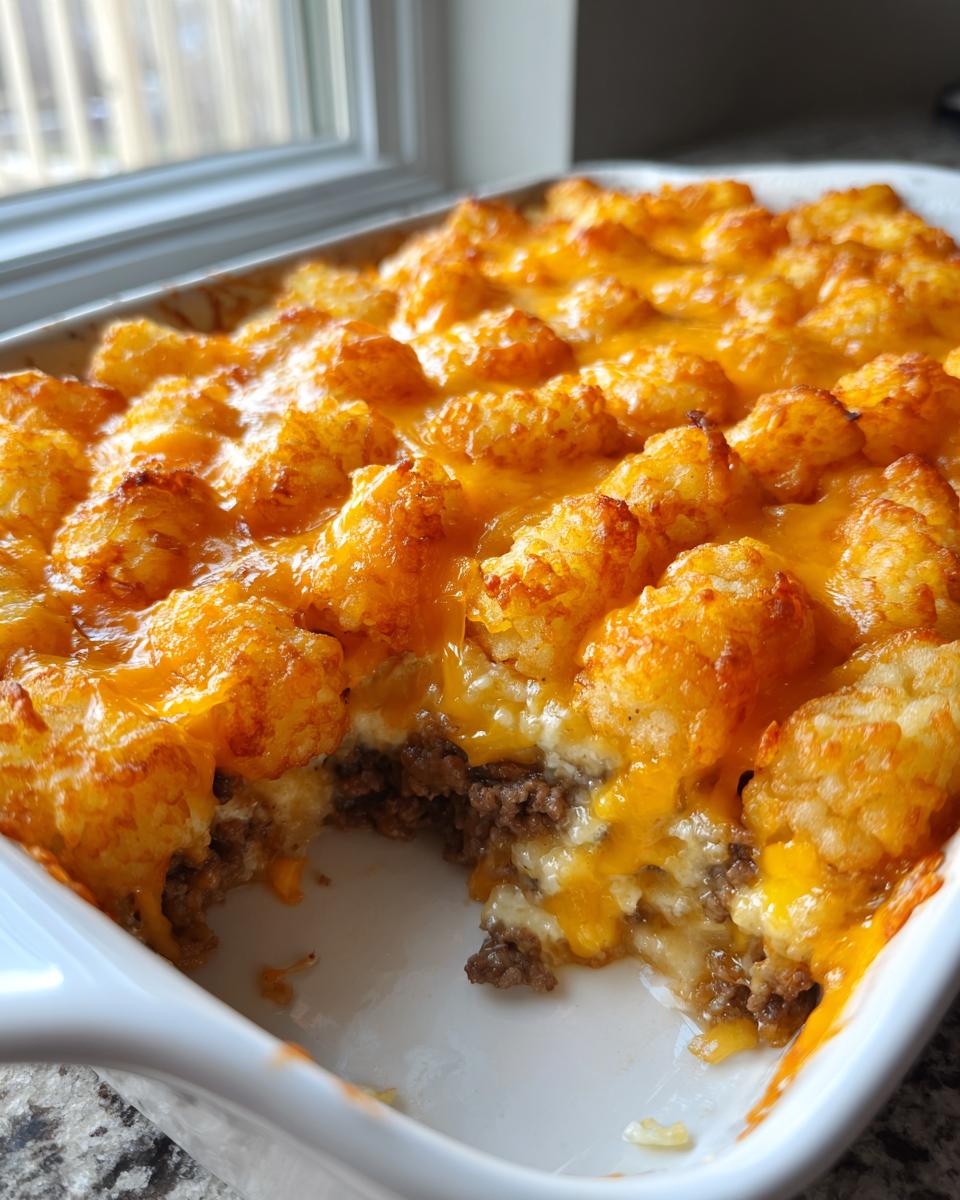 A close-up view of a baked tater tot casserole topped with melted cheddar cheese, showing a scoop removed to reveal the ground meat layer.