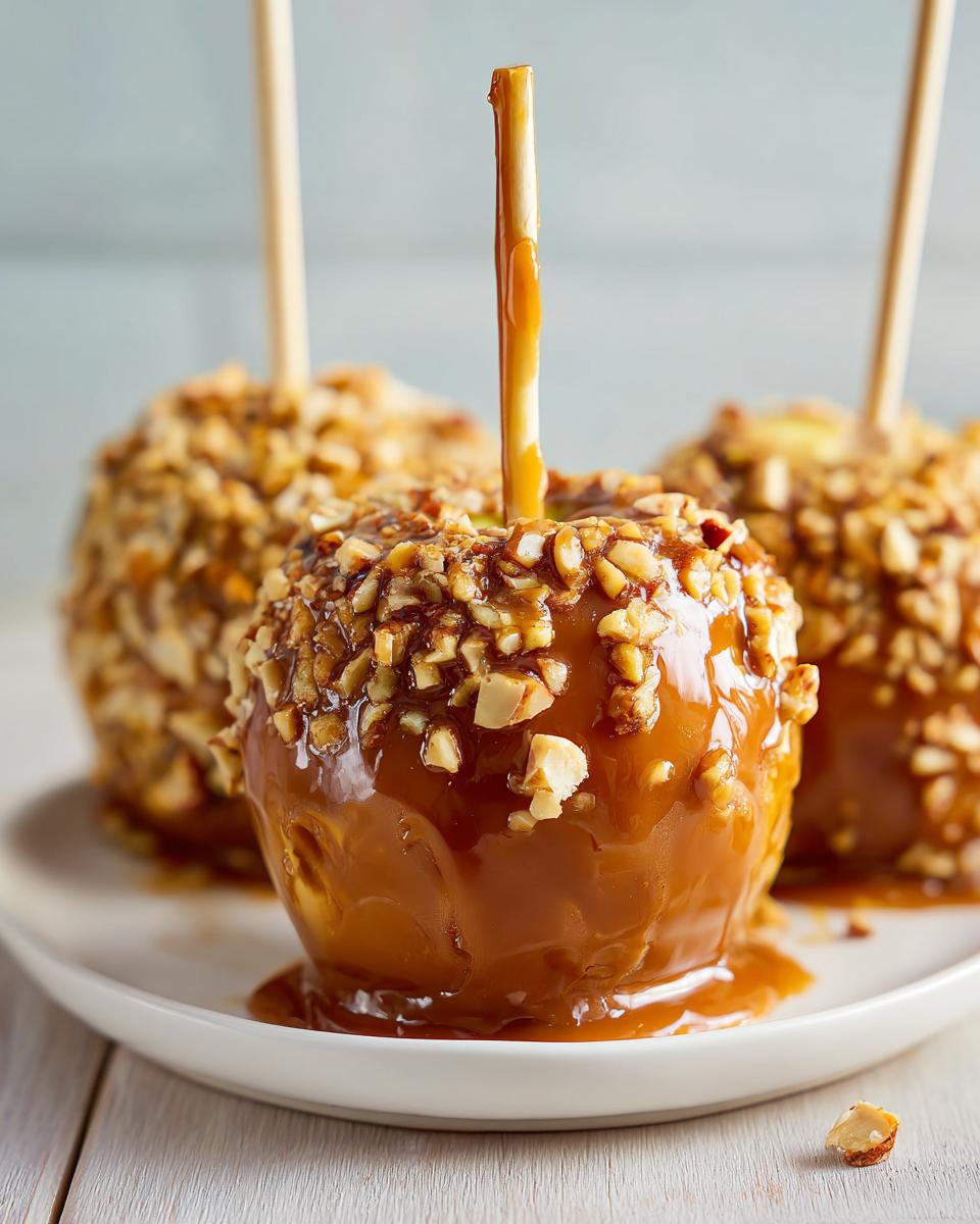 Close-up of a chewy caramel apple coated in sticky caramel sauce and chopped nuts on a white plate.