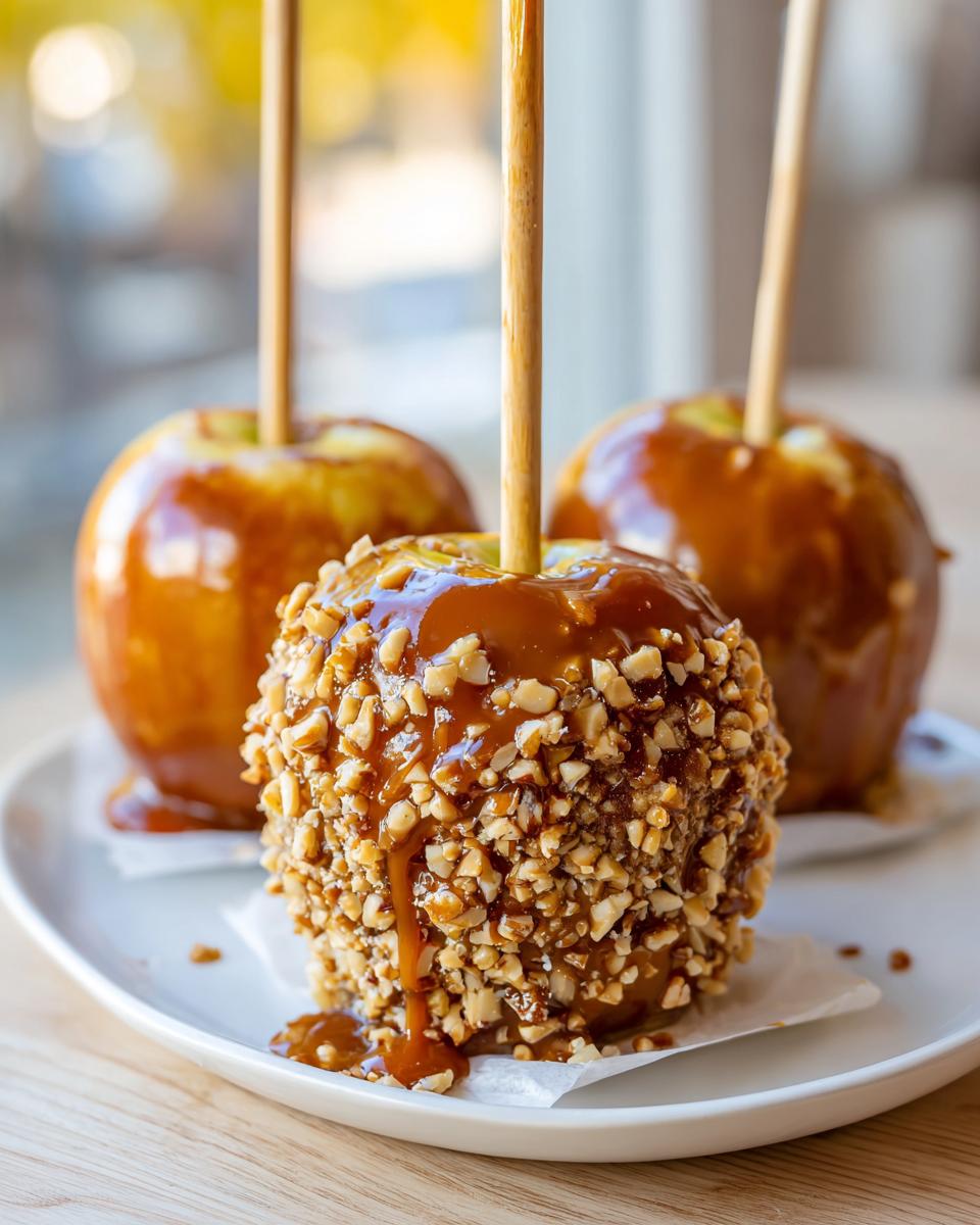 A close-up of a perfect caramel apple coated in chopped nuts, dripping with chewy caramel sauce.