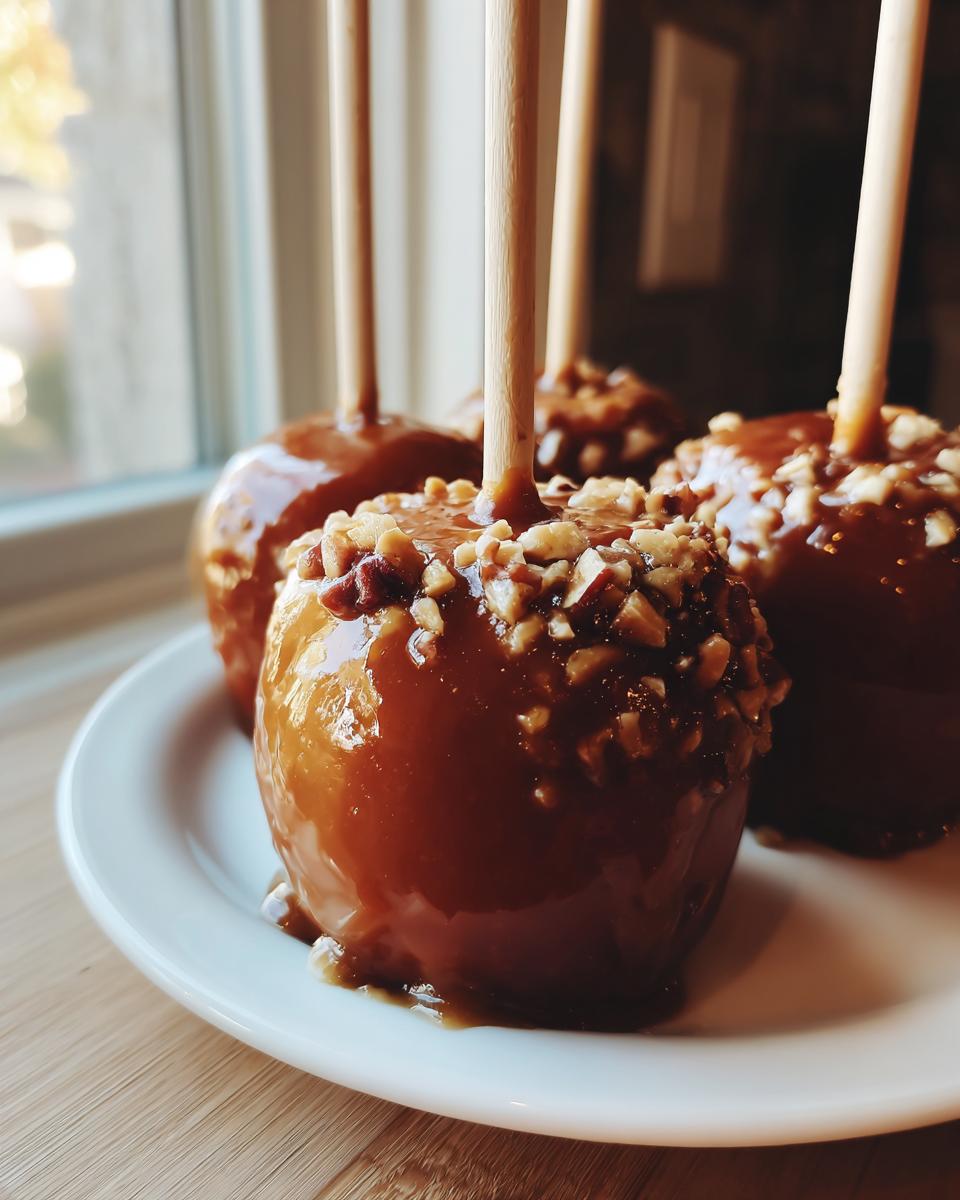 Close-up of three chewy caramel apple treats coated in thick caramel and sprinkled with chopped nuts.