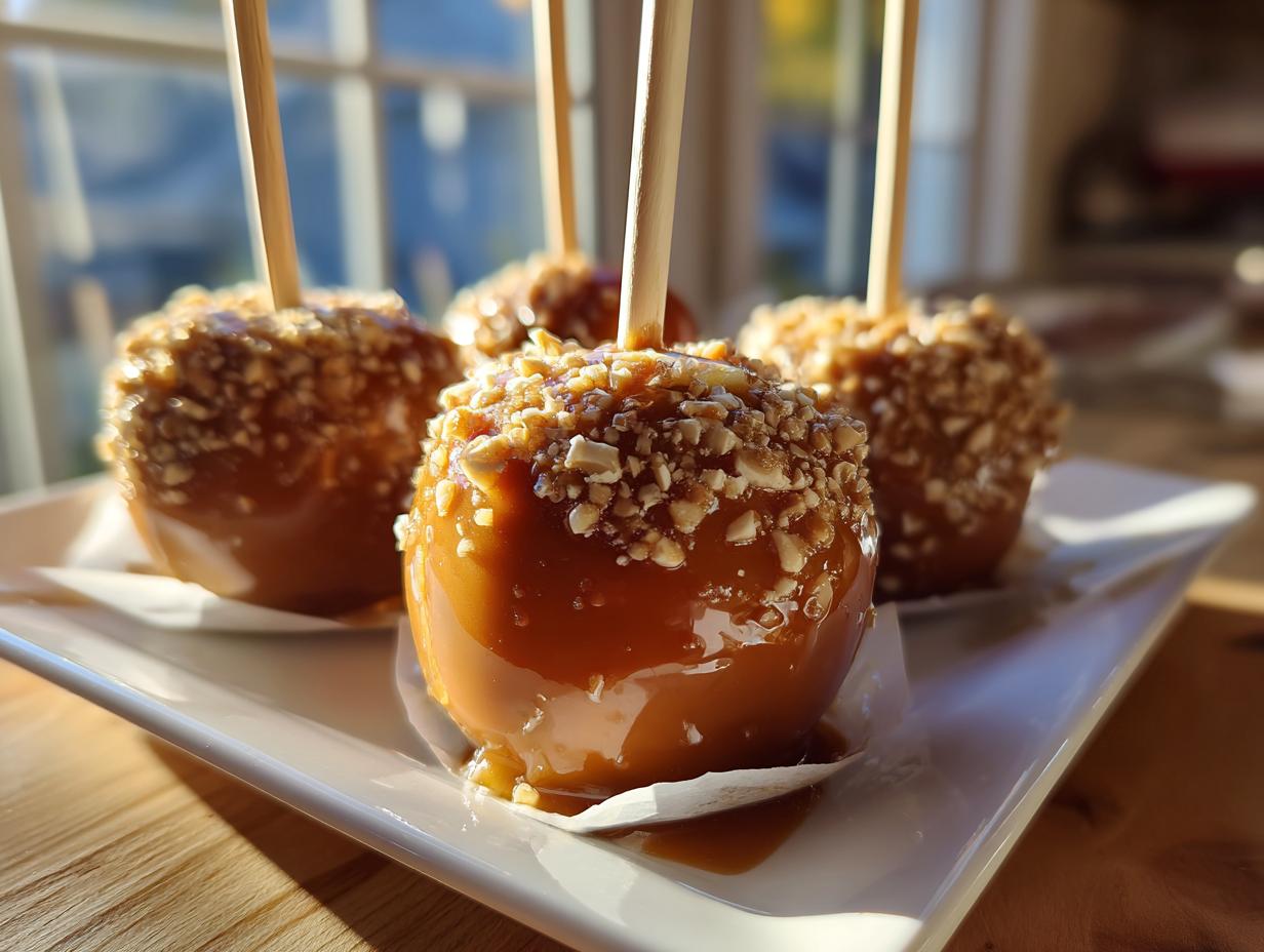 Four homemade caramel apple treats coated in glossy caramel and chopped nuts, ready to eat.