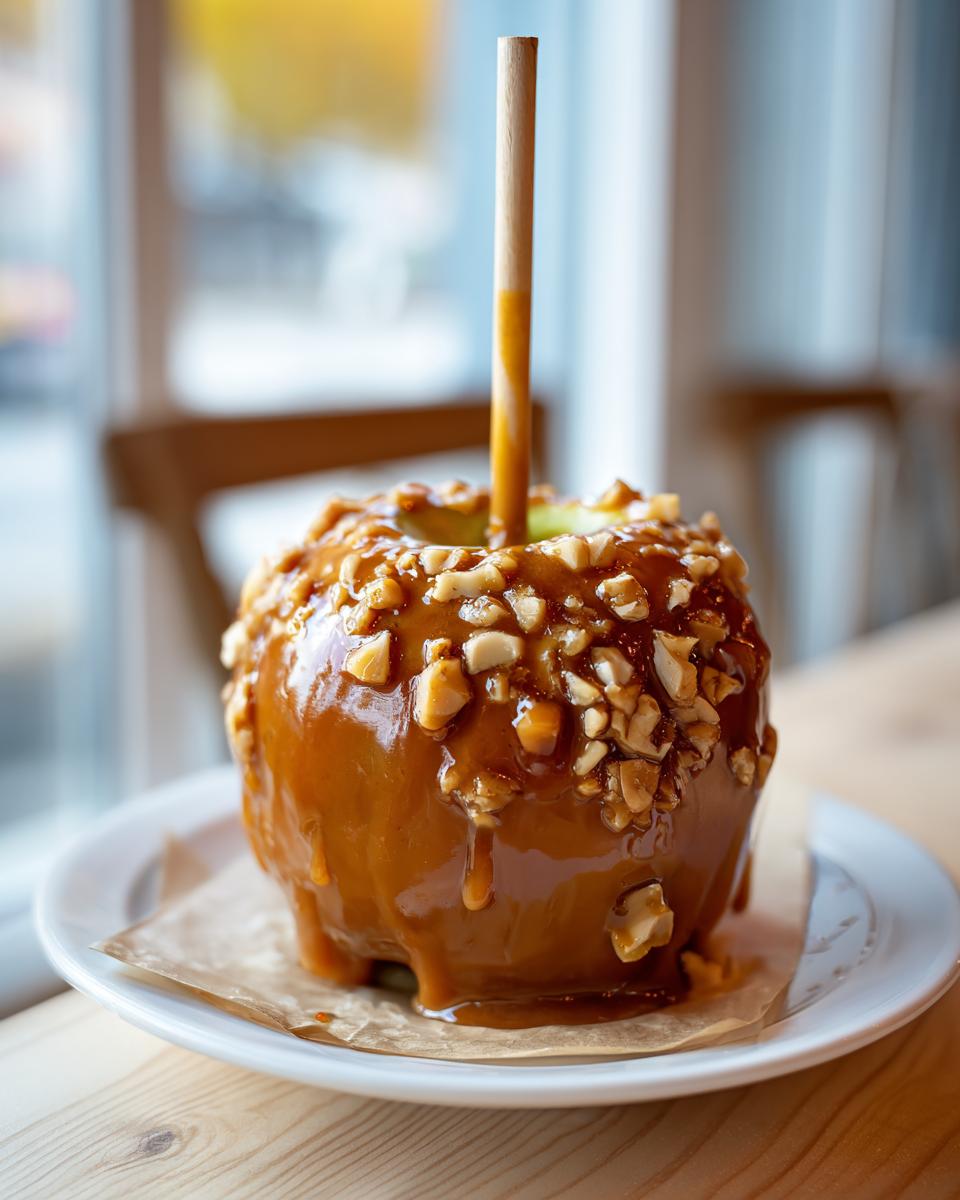 A close-up of a perfectly coated caramel apple, dripping with chewy caramel and covered in chopped nuts.