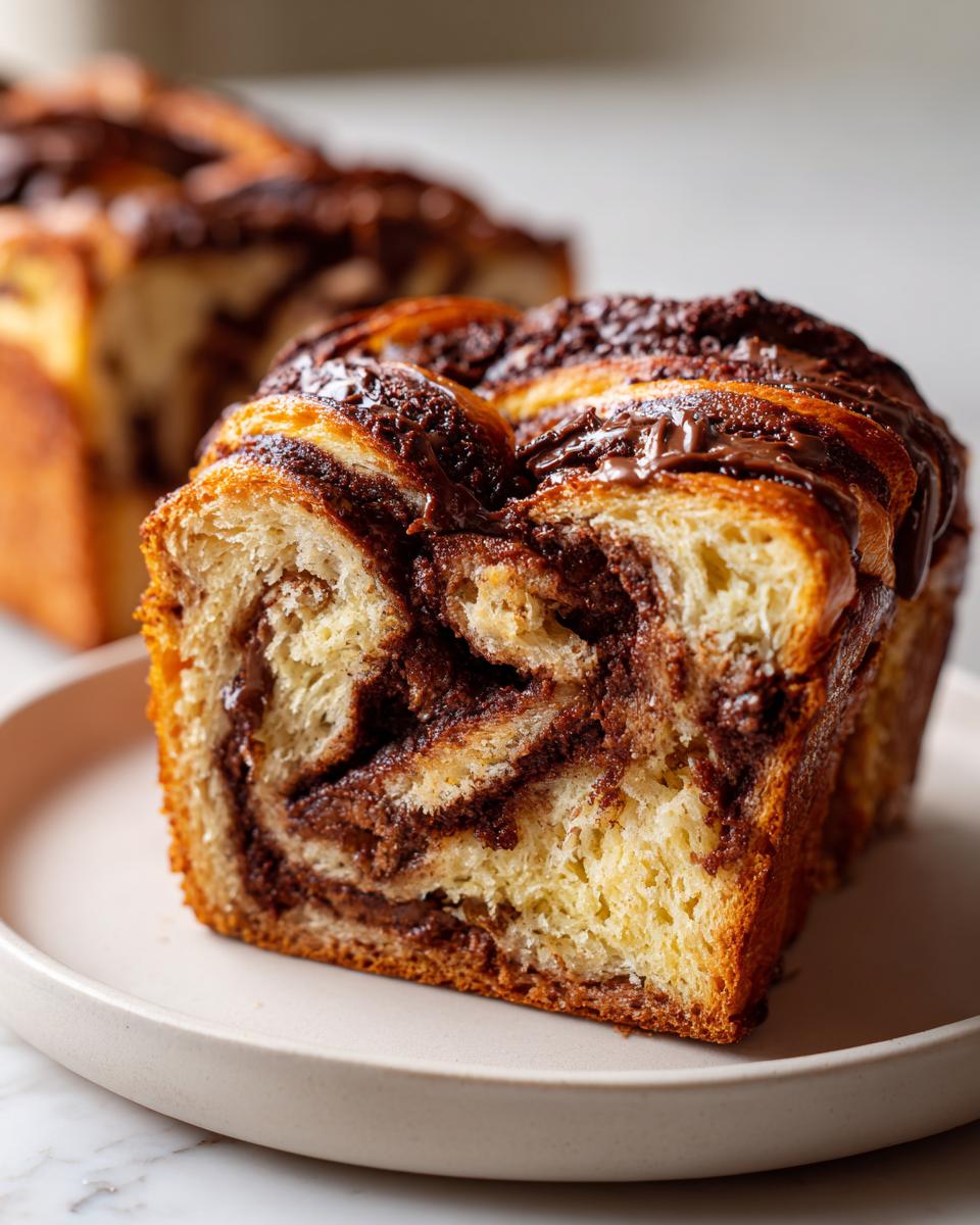 Close-up of a thick slice of chocolate babka showing the rich, swirled chocolate filling and soft, buttery dough.