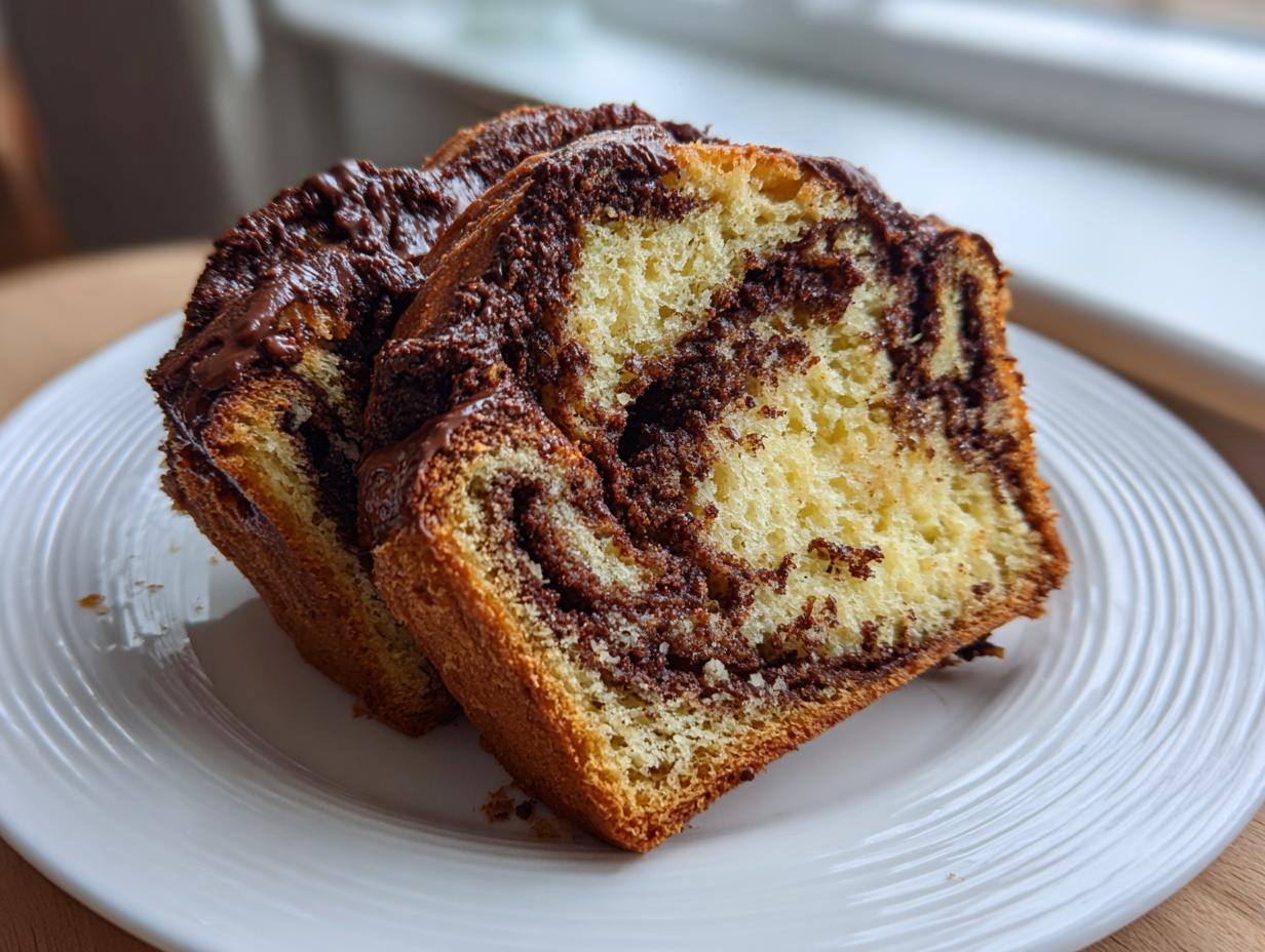 Two thick slices of homemade chocolate babka showing the rich chocolate swirl inside, resting on a white plate.