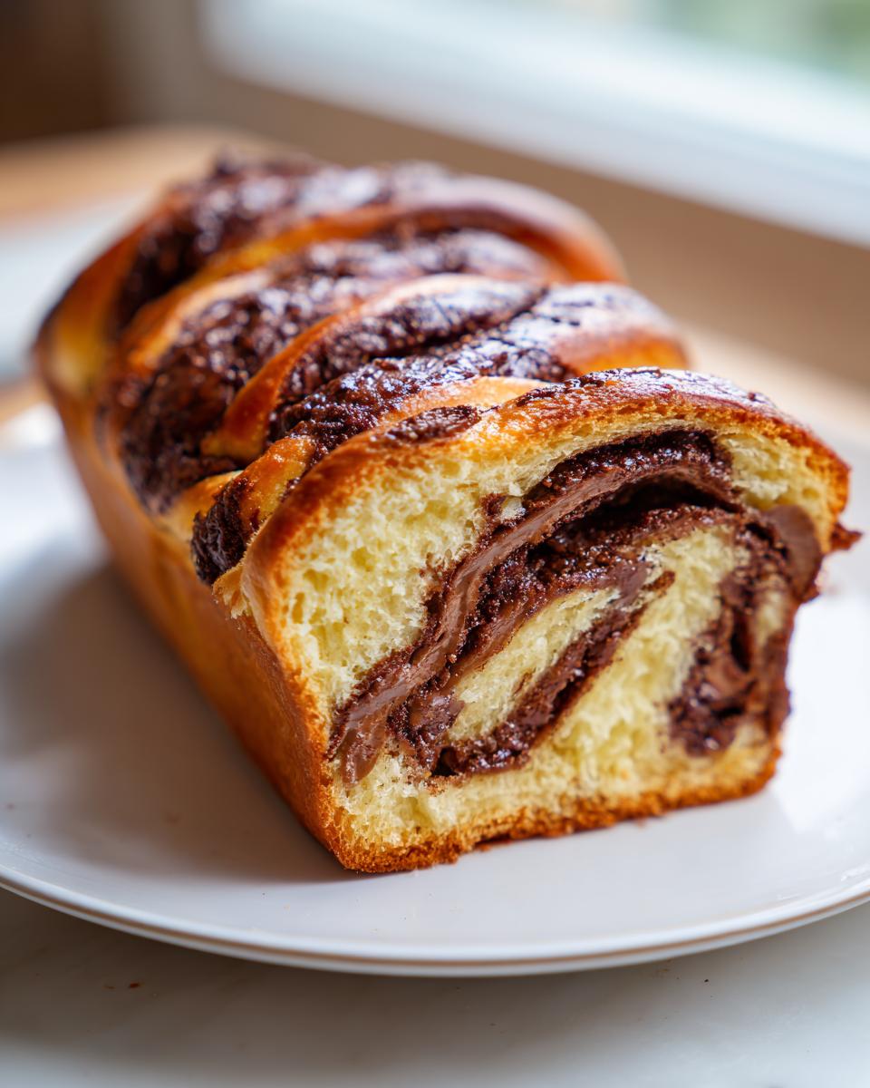 A close-up of a freshly baked chocolate babka loaf, showing the rich chocolate swirl filling inside the golden brioche dough.