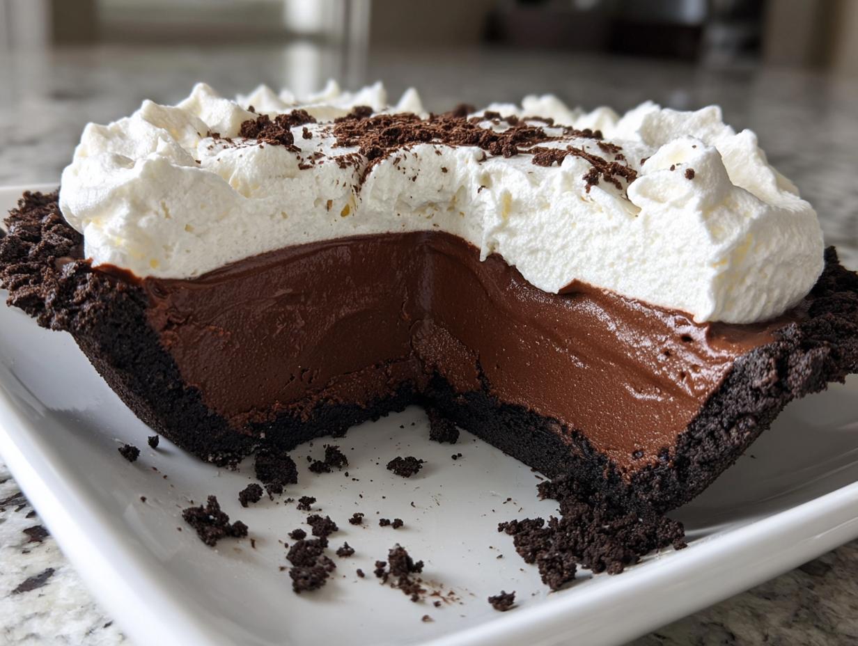 A close-up view of a slice missing from a chocolate mousse pie, showing rich filling, dark crust, and whipped topping.