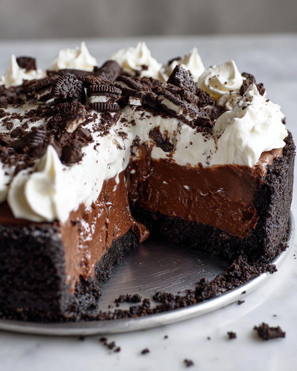A decadent chocolate mousse pie with a dark crust, rich filling, whipped cream, and cookie crumbles, showing a slice removed.