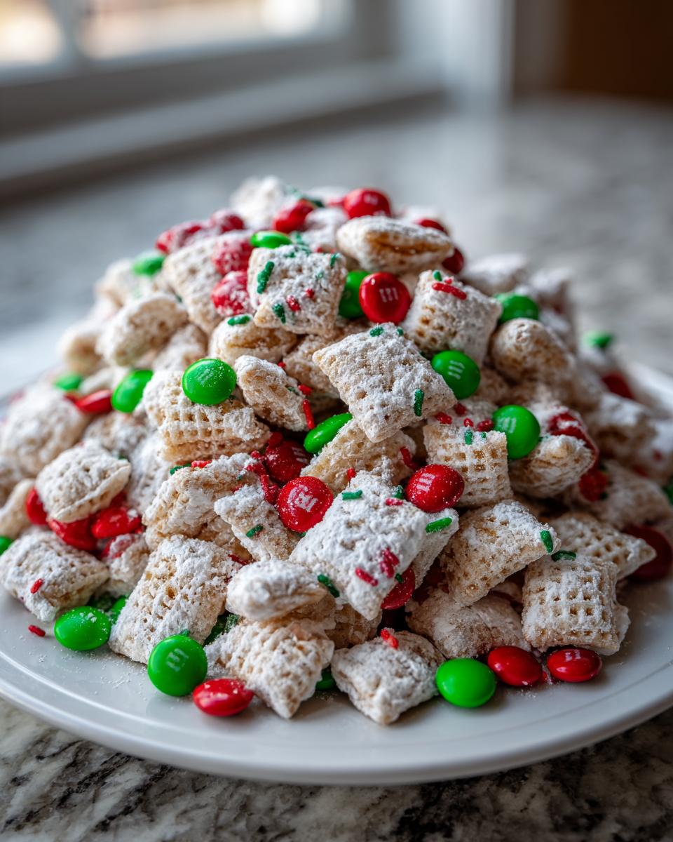 A mound of powdered sugar-coated Christmas puppy chow mixed with red and green M&Ms and sprinkles.