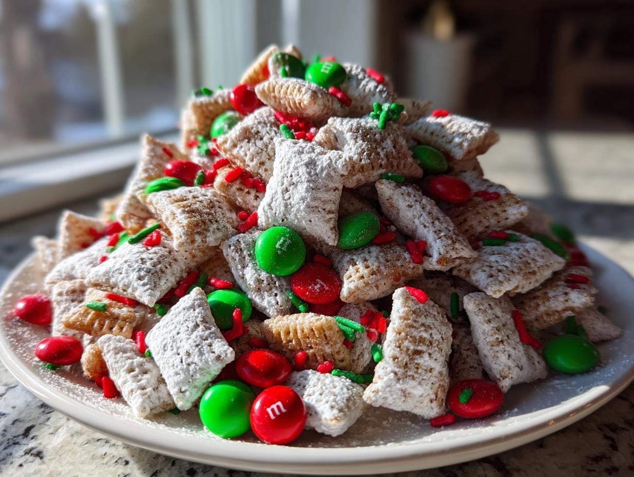 A large mound of powdered sugar-coated Christmas puppy chow mixed with red and green M&Ms on a white plate.