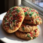 A stack of freshly baked christmas sprinkle sugar cookies topped with red, green, and white holiday sprinkles.