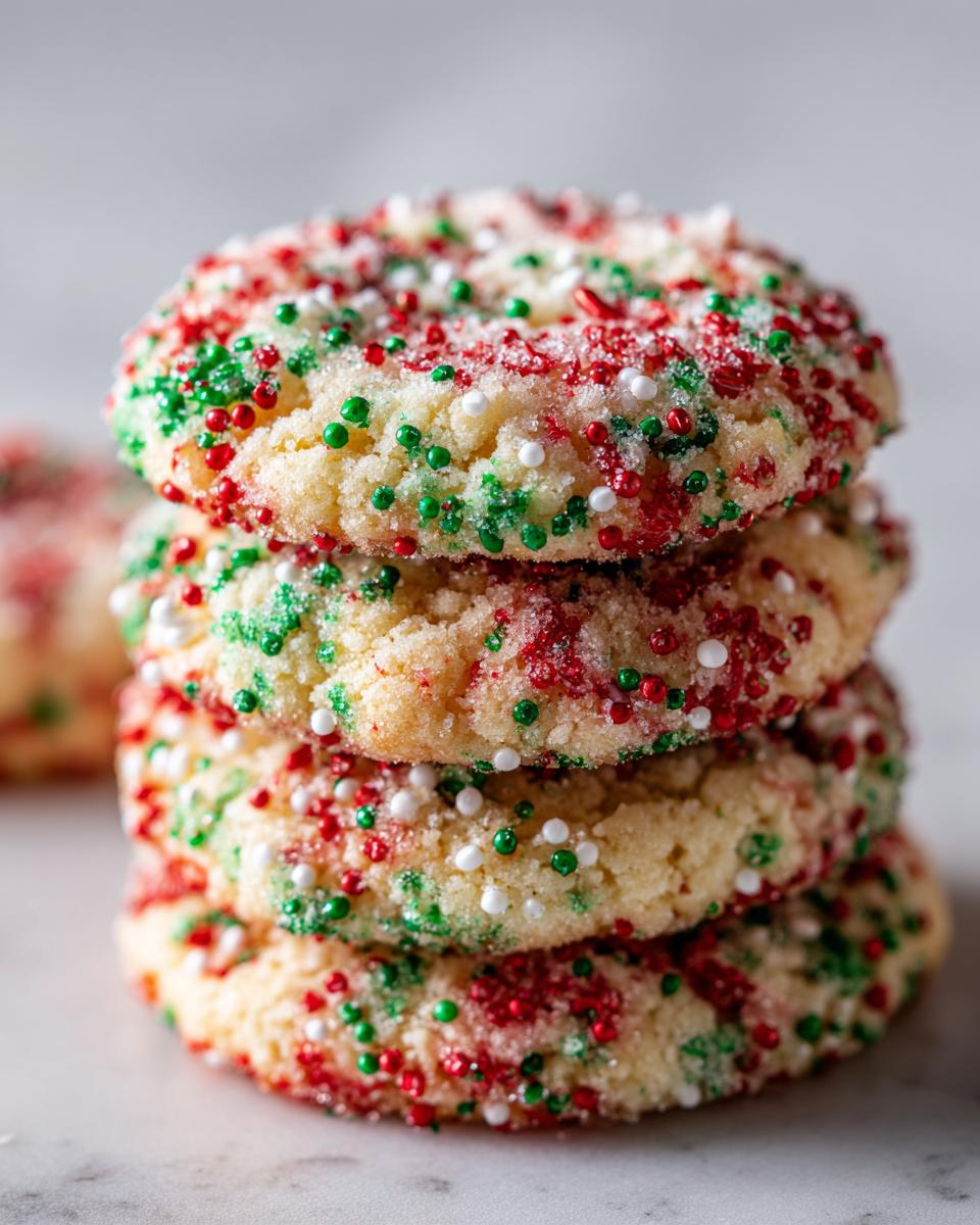 A stack of four soft, round christmas sprinkle sugar cookies covered in red, green, and white nonpareils.