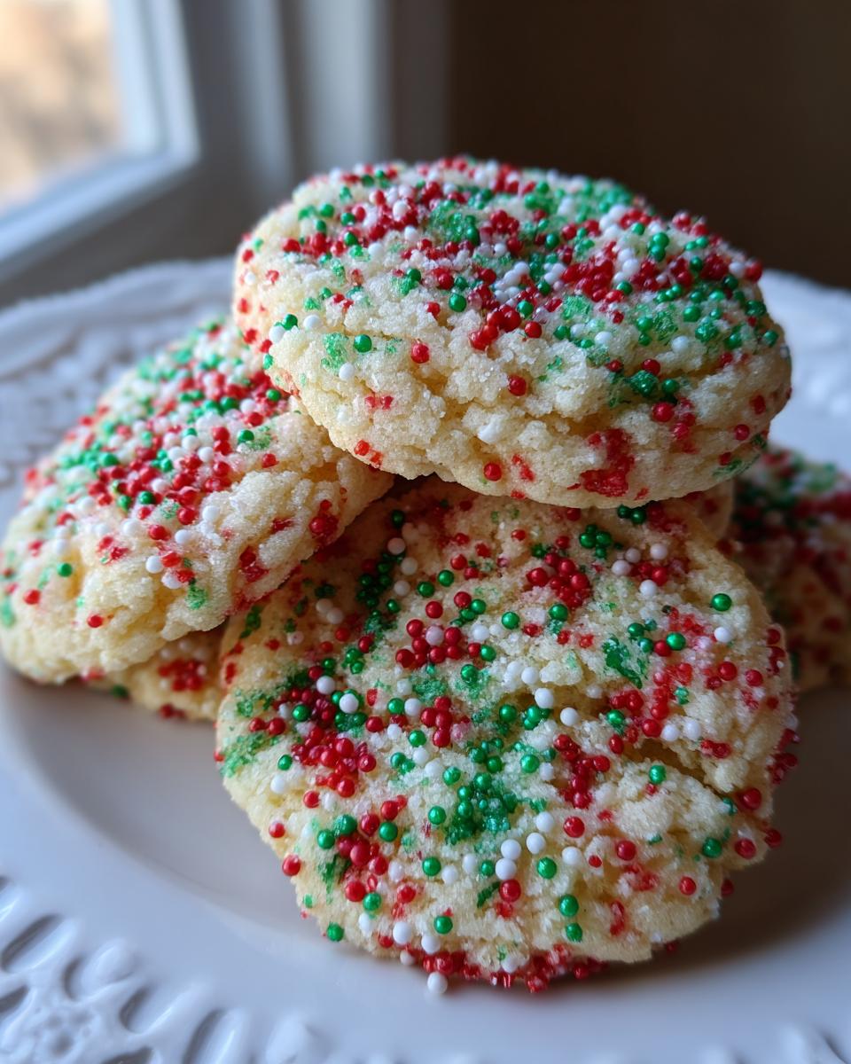 A stack of soft, round christmas sprinkle sugar cookies topped with red, green, and white nonpareils.