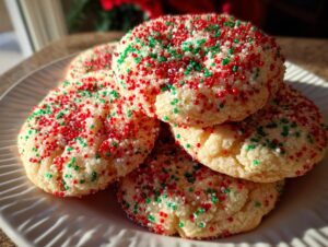 A stack of soft, round christmas sprinkle sugar cookies covered in red, green, and white nonpareils on a white plate.