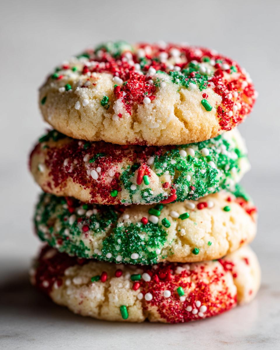 A vertical stack of four delicious christmas sprinkle sugar cookies covered in red, green, and white holiday sprinkles.