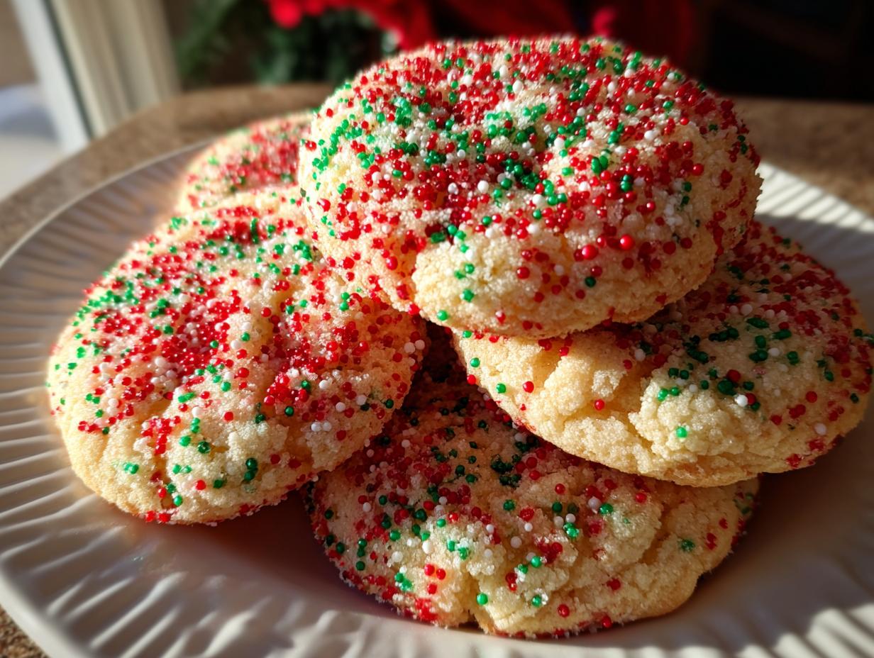 A stack of soft, round christmas sprinkle sugar cookies covered in red, green, and white nonpareils on a white plate.