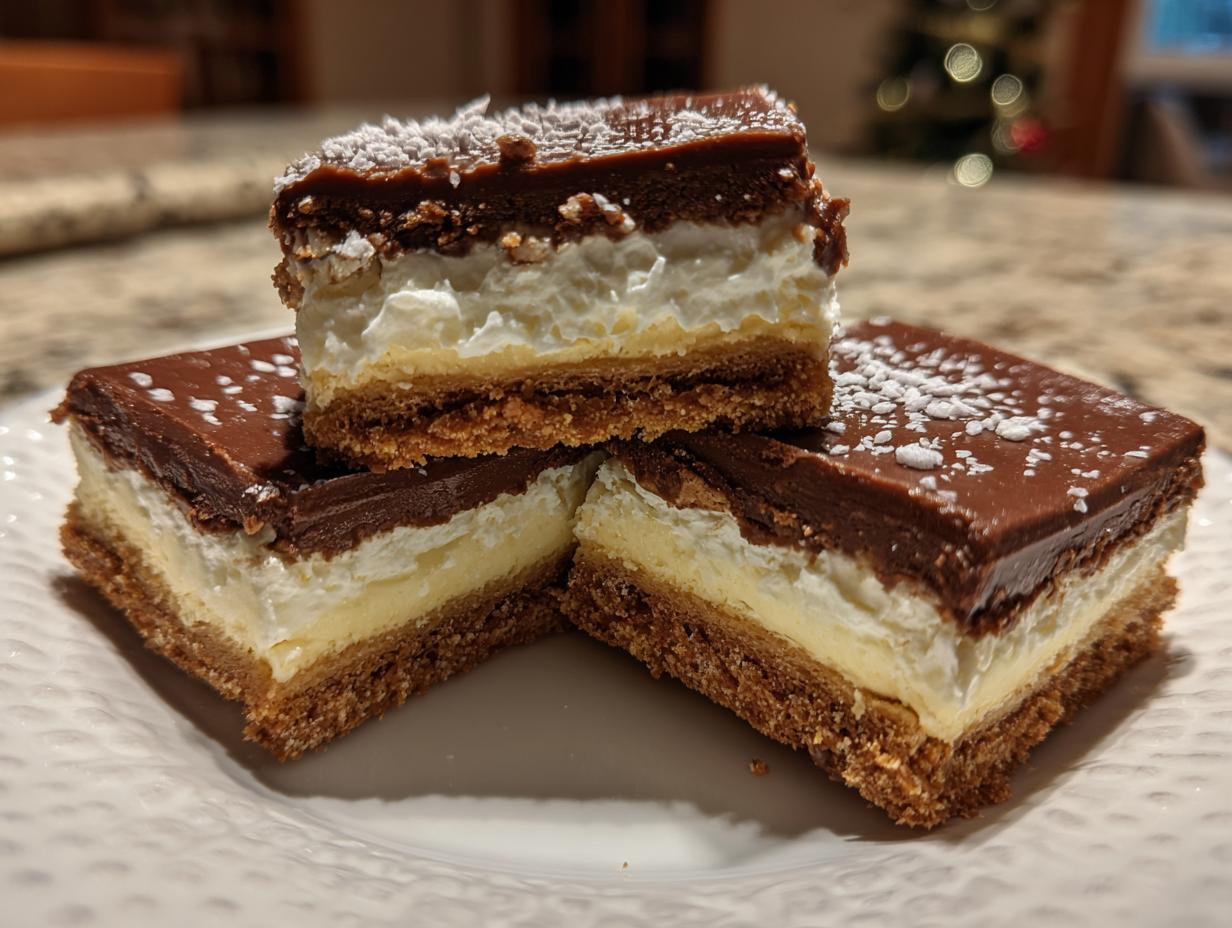 Three layered squares of Christmas tree cheesecake bars with chocolate topping and coconut flakes on a white plate.