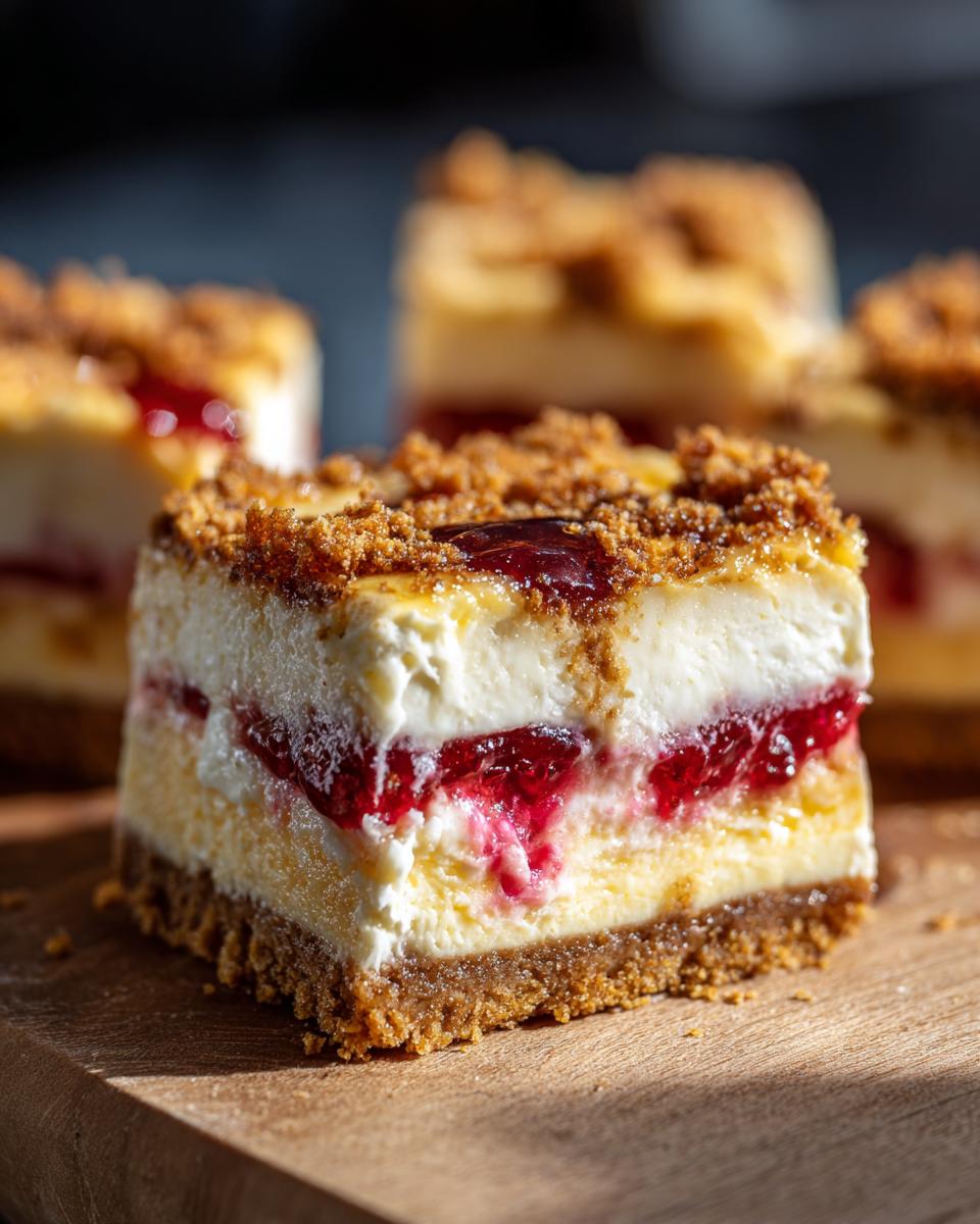 Close-up of a layered slice of Christmas tree cheesecake featuring a graham cracker crust, creamy filling, and red berry swirl.