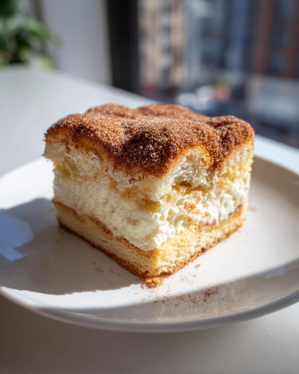 A square slice of churro cheesecake featuring a thick layer of cream cheese filling and a cinnamon sugar topping.