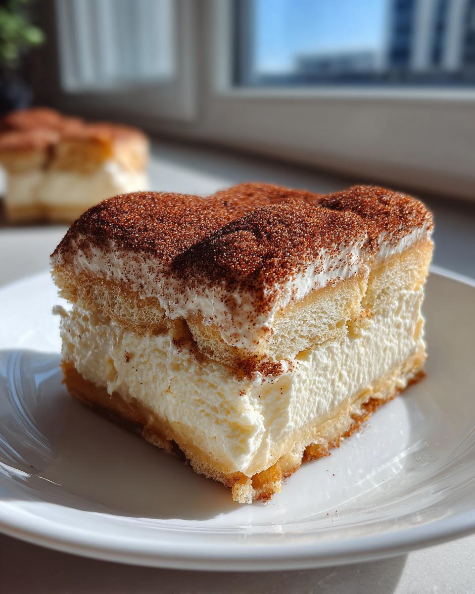 Close-up of a thick slice of churro cheesecake featuring layers of creamy filling and cinnamon sugar topping.