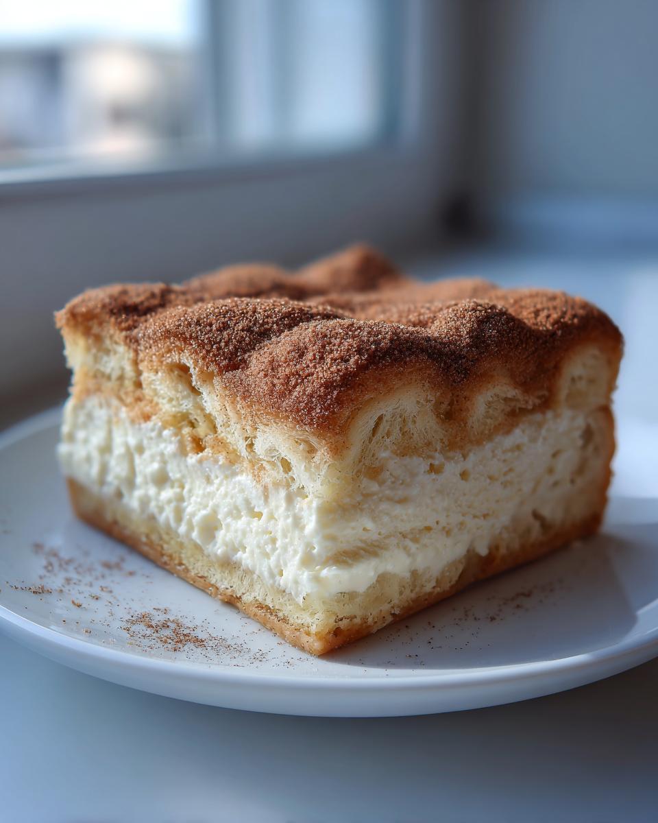 A thick square slice of churro cheesecake with a creamy white filling and a cinnamon sugar topping.