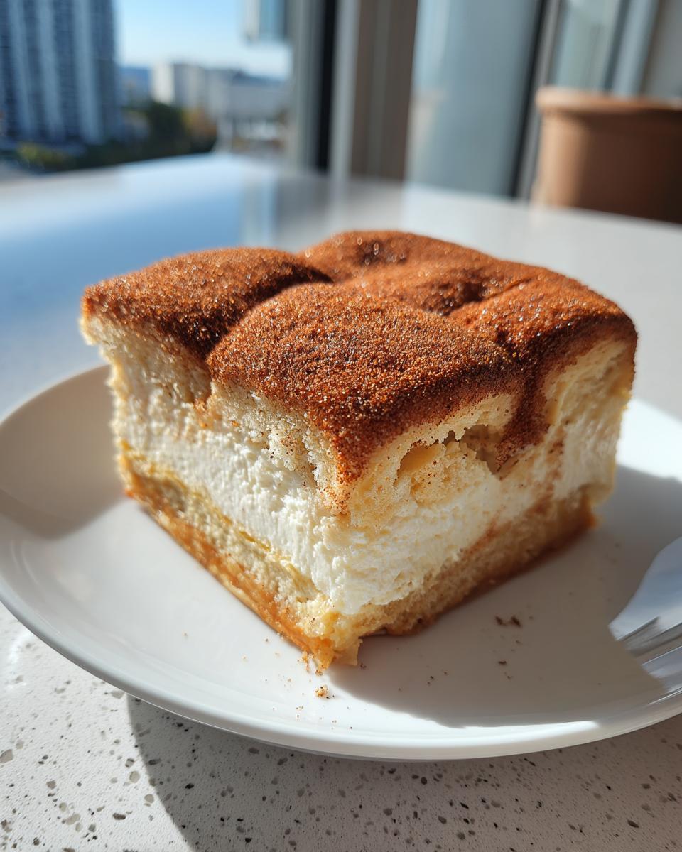A square slice of churro cheesecake featuring a thick, creamy white filling and a cinnamon-sugar topping.