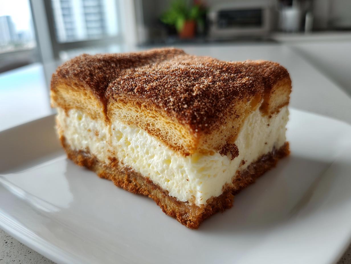 A square slice of creamy churro cheesecake topped with cinnamon sugar on a white plate.