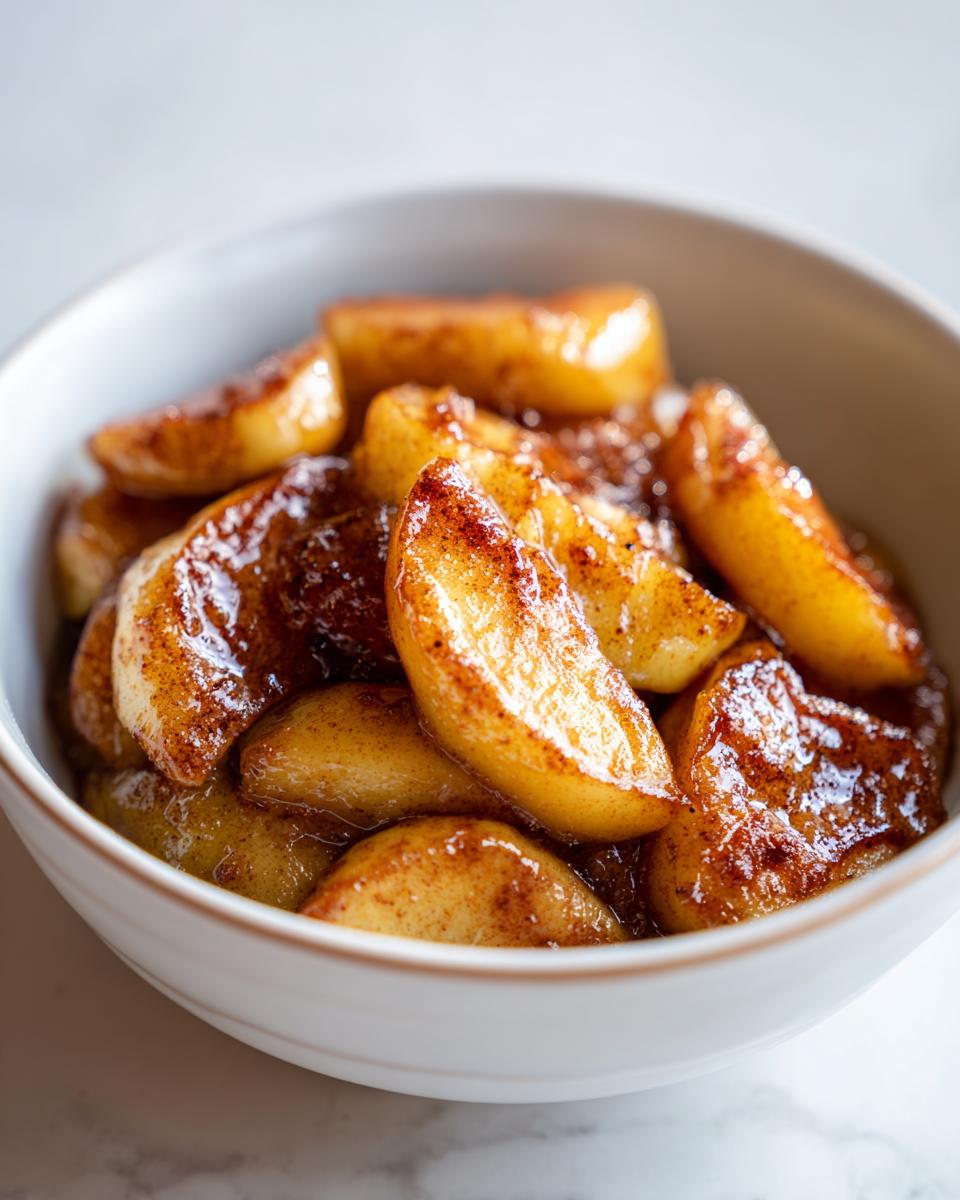 A close-up of warm, caramelized baked apple slices coated in cinnamon sugar served in a white bowl.
