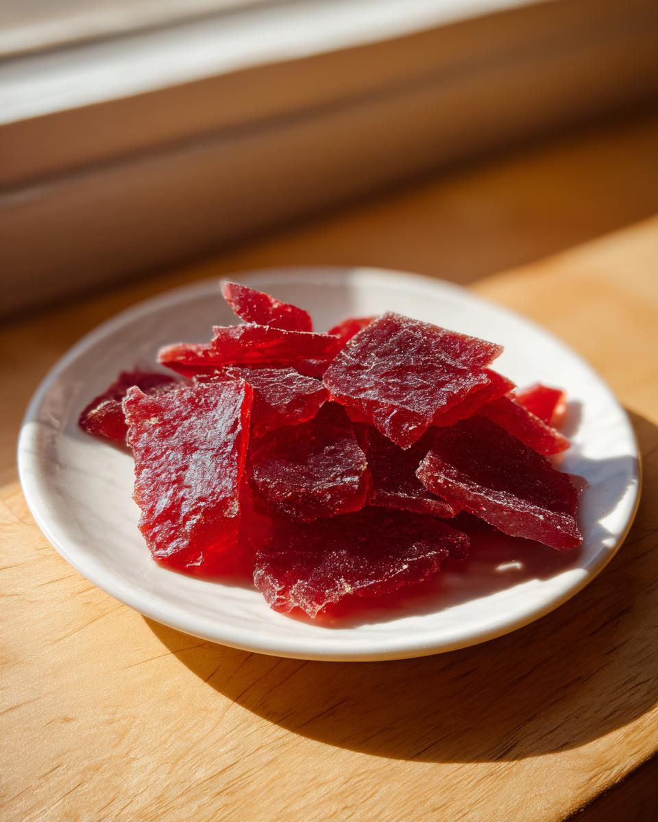 Close-up of broken, jewel-toned red pieces of cinnamon rock candy on a small white plate.