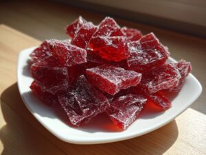 Close-up of bright red, sugar-coated cubes of homemade cinnamon rock candy piled on a small white dish.